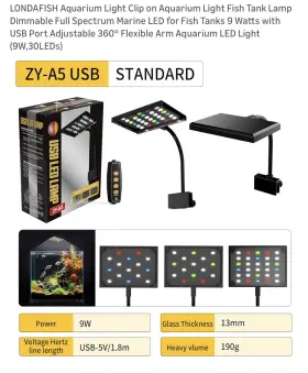 Londafish Zy-a5 9w Led Aquarium Light Full Spectrum Usb Clip On Dimmable Lamp