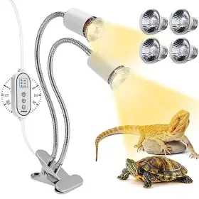 Petboda B0bd8kjg22 Reptile Heat Lamp Dual Head Basking Light With Timer Uva/uvb For